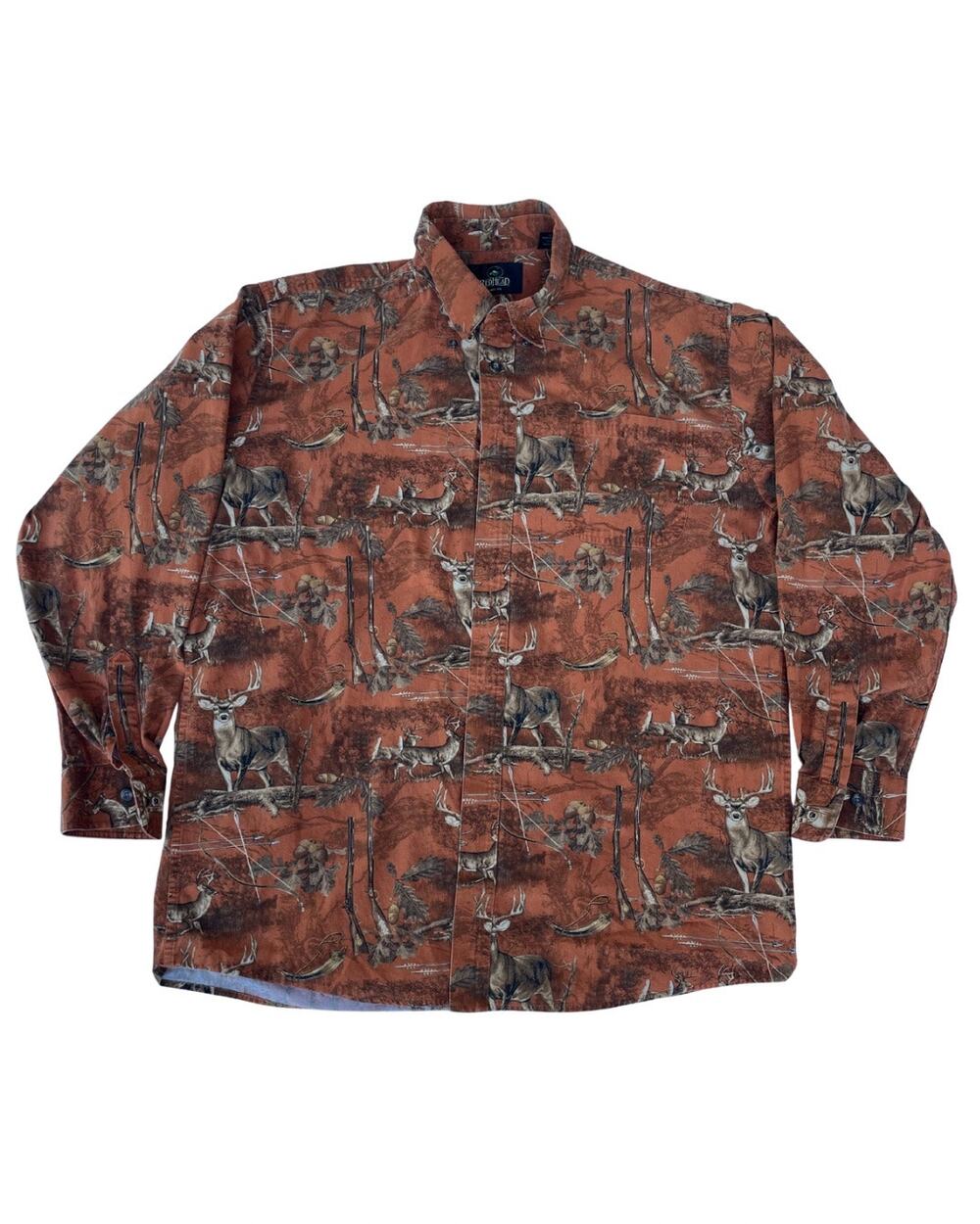 RedHead Deer Hunting Print Shirt Mens Large Tall Orange Cotton Long Sleeve